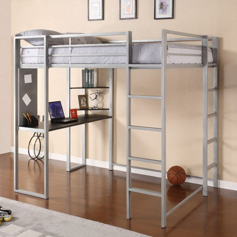 Abode Full Size Loft Bed with Black Desk and Shelves in Silver by Dorel Home Products | 5457096