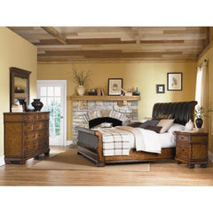 Larkspur Leather Sleigh Bed in Distressed Burnished Caramel by Legacy Classic Furniture | 931-4815 / 931-4816 / 931-4817