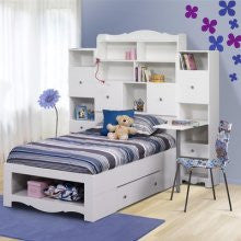 Nexera Pixel Twin Size Bed with Tall Bookcase Headboard in White