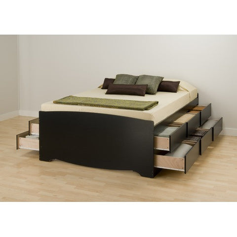 Platform Storage Bed with Twelve Drawers in Black by Prepac | BBD-5612 / BBQ-6212